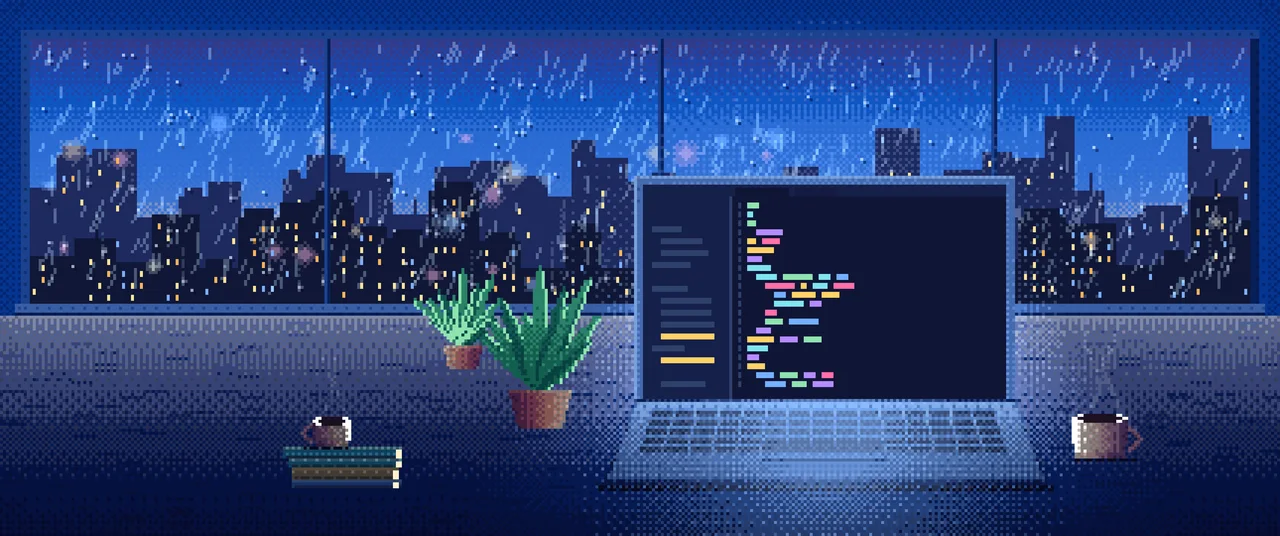 Blue Pixel Art Laptop by a Rainy Window ultrawide wallpaper, 3440 × 1440