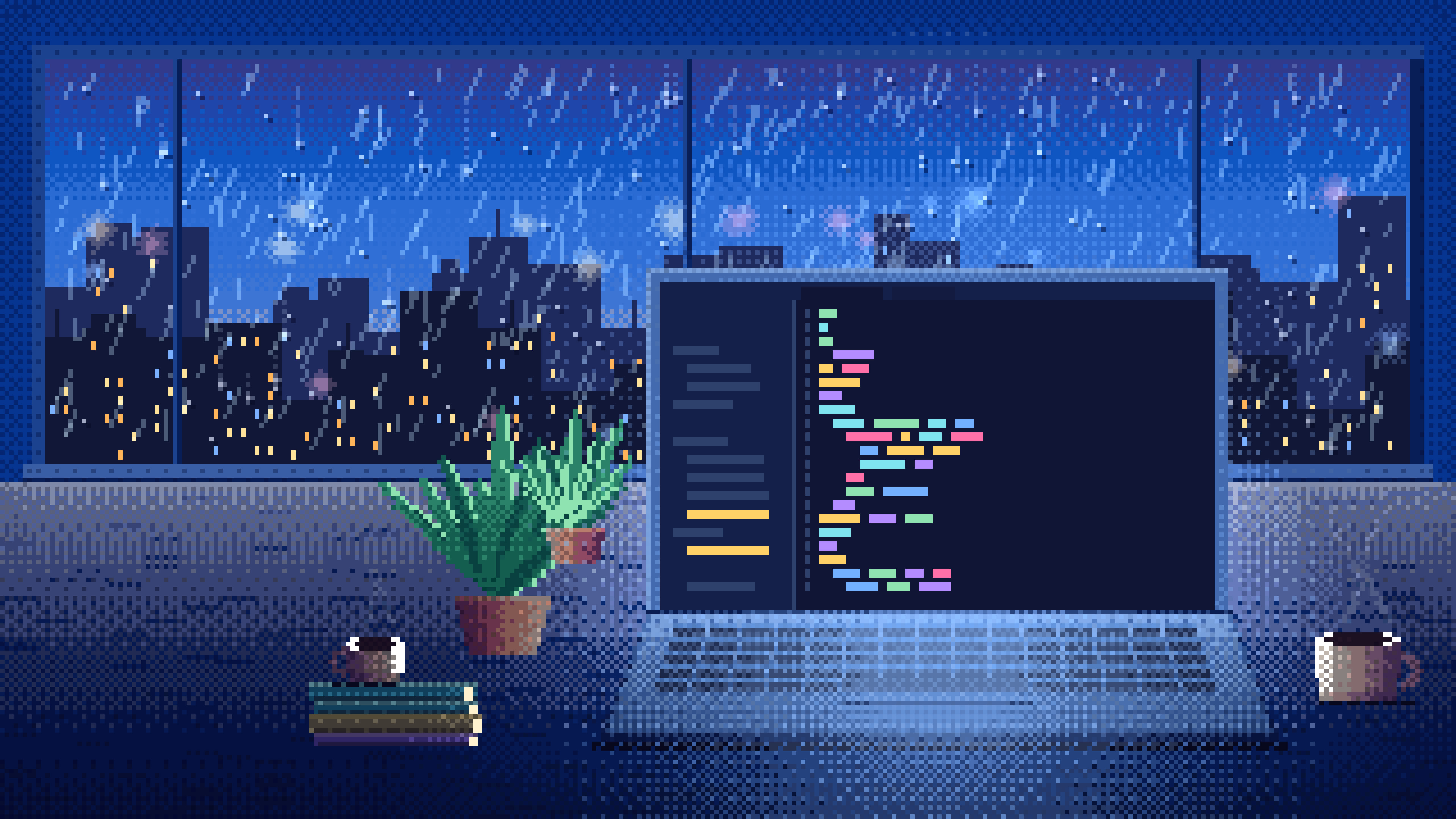 Blue Pixel Art Laptop by a Rainy Window desktop wallpaper in 4K