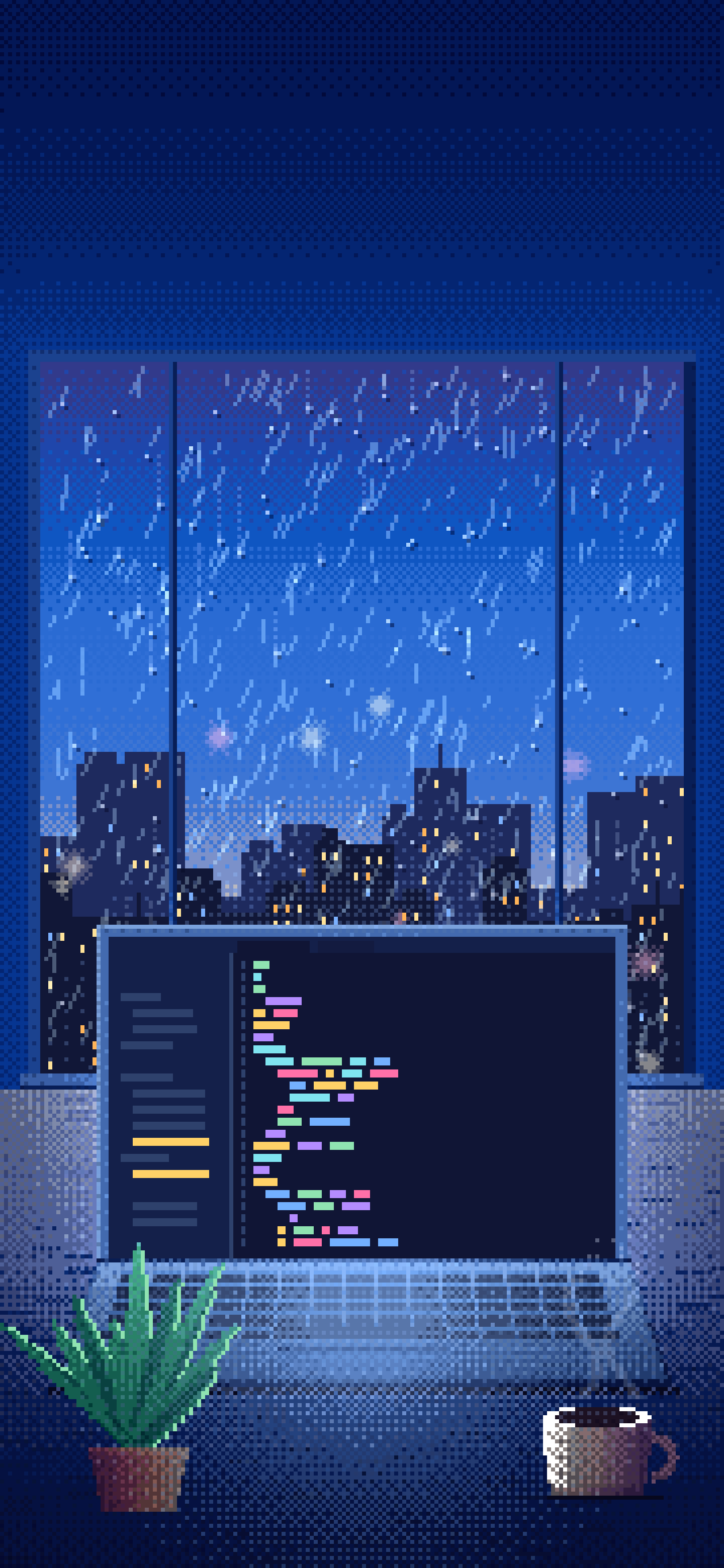 Blue Pixel Art Laptop by a Rainy Window wallpaper for iPhone and Android