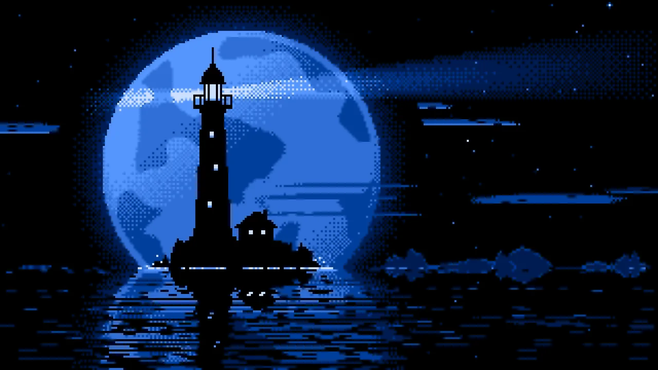 Blue Pixel Art Lighthouse and Full Moon desktop wallpaper in 4K
