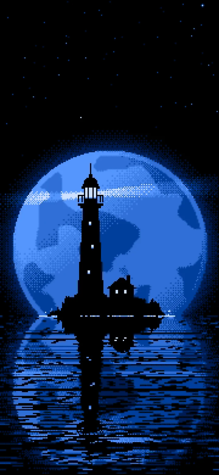 Blue Pixel Art Lighthouse and Full Moon wallpaper for iPhone and Android