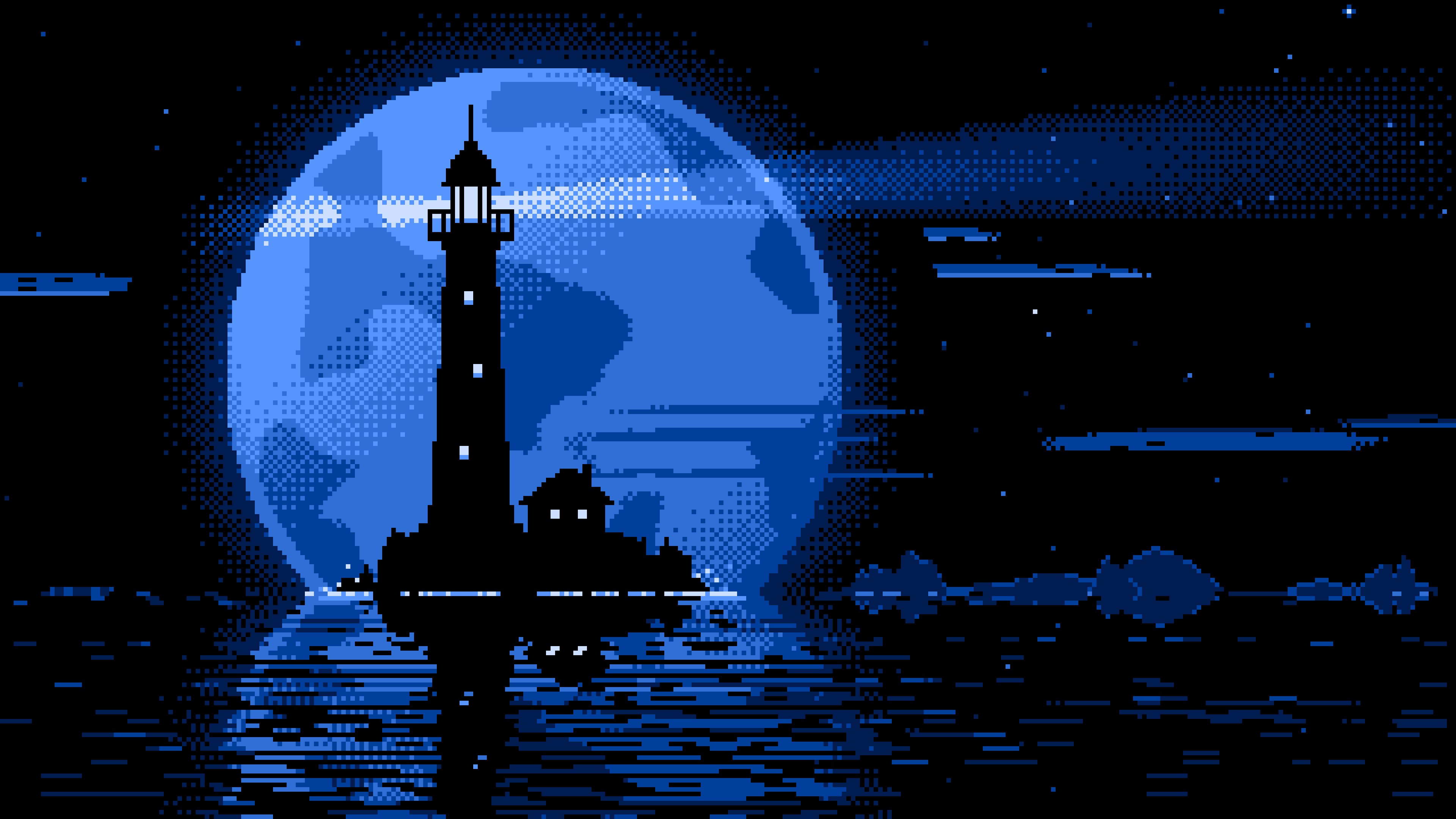 Blue Pixel Art Lighthouse and Full Moon desktop wallpaper in 4K