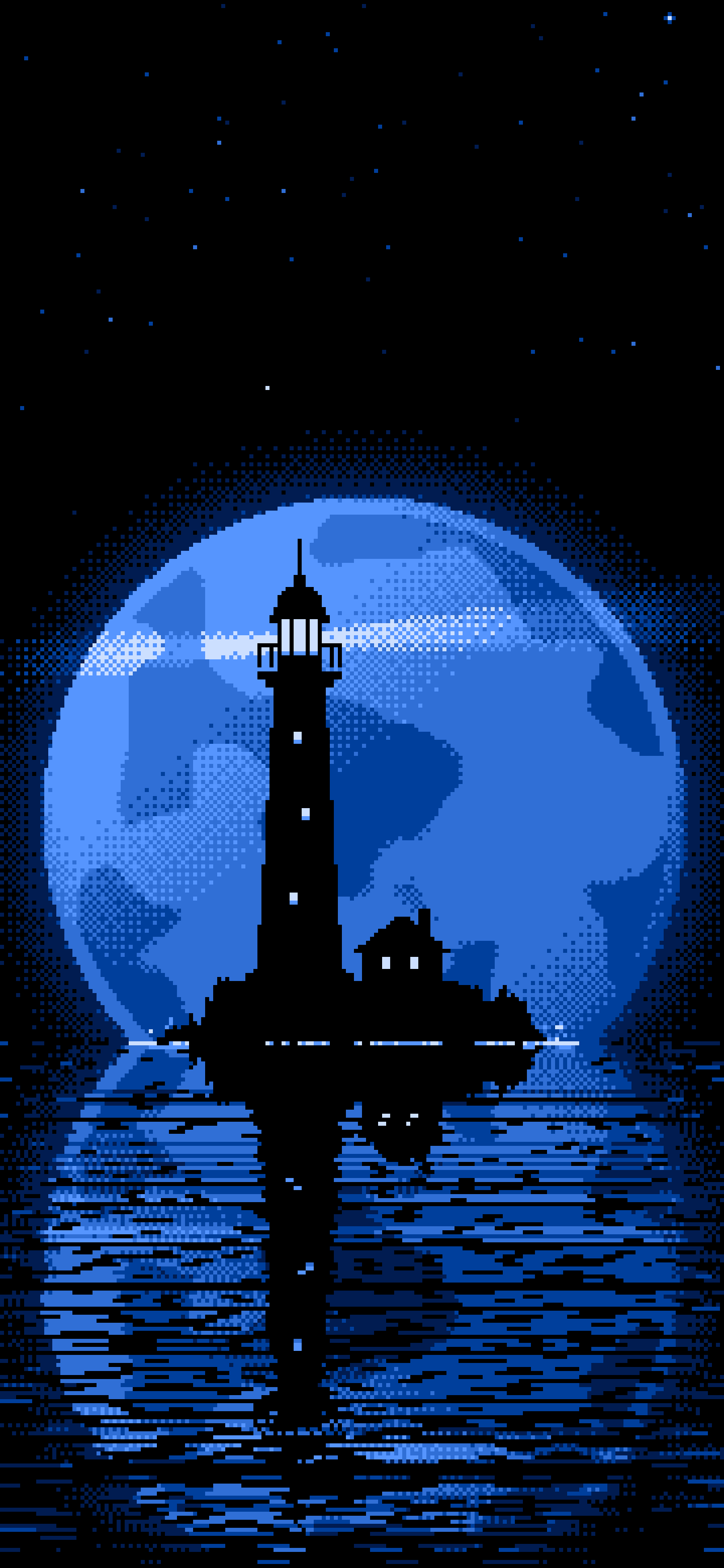 Blue Pixel Art Lighthouse and Full Moon wallpaper for iPhone and Android