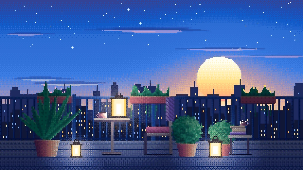 Blue Pixel Art Lofi Balcony at Dusk desktop wallpaper in 4K