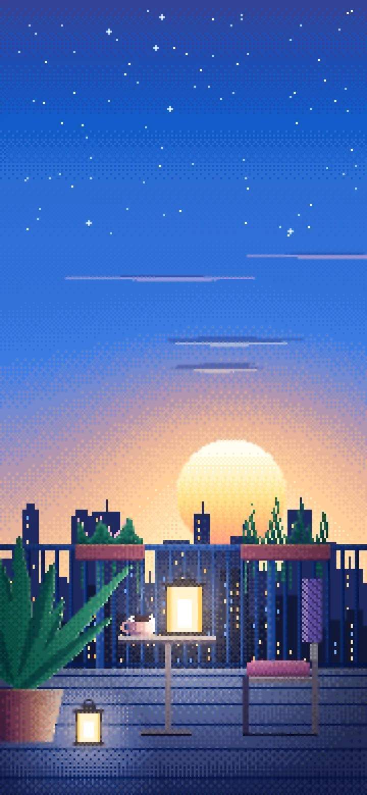 Blue Pixel Art Lofi Balcony at Dusk wallpaper for iPhone and Android