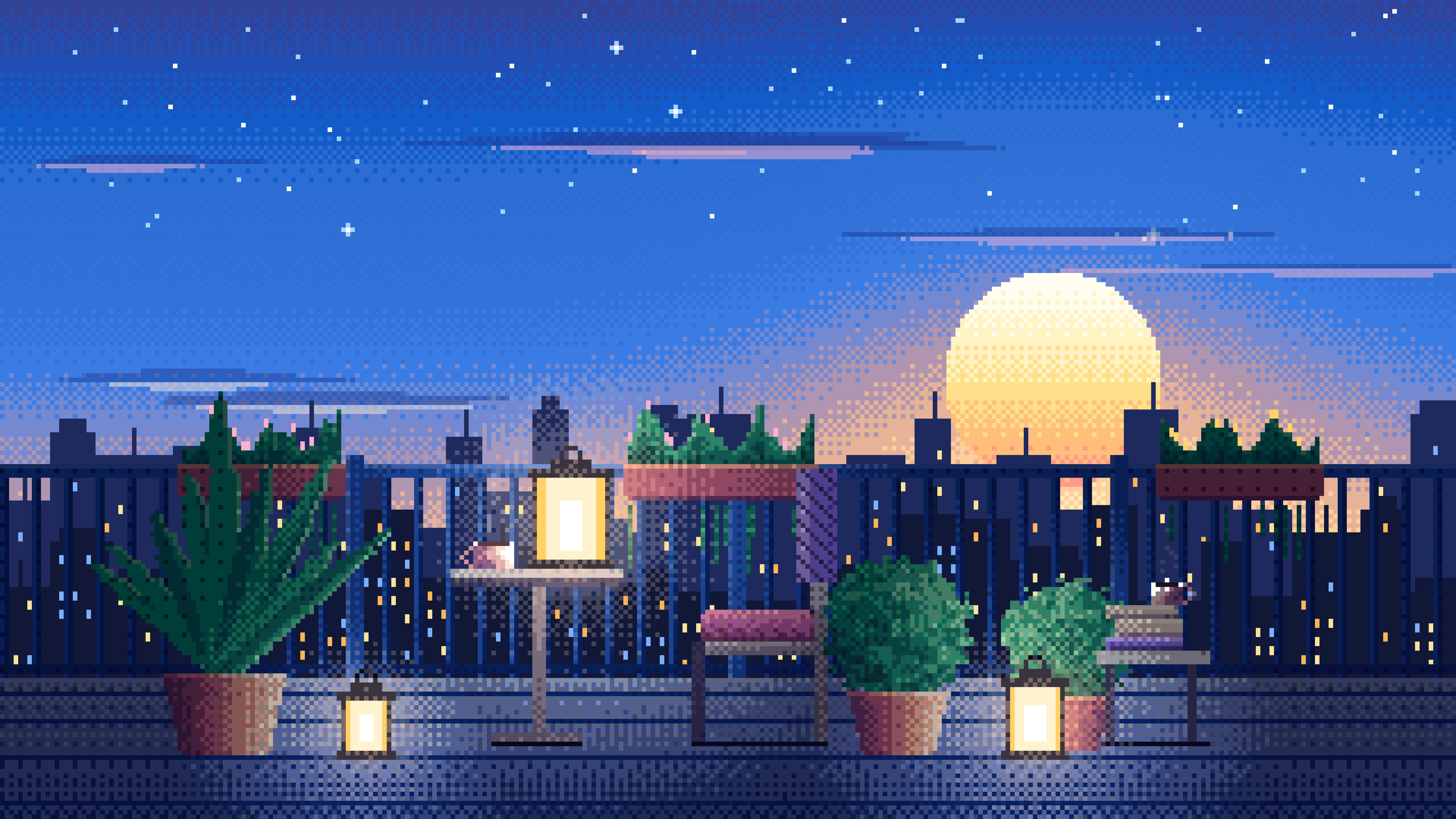 Blue Pixel Art Lofi Balcony at Dusk desktop wallpaper in 4K