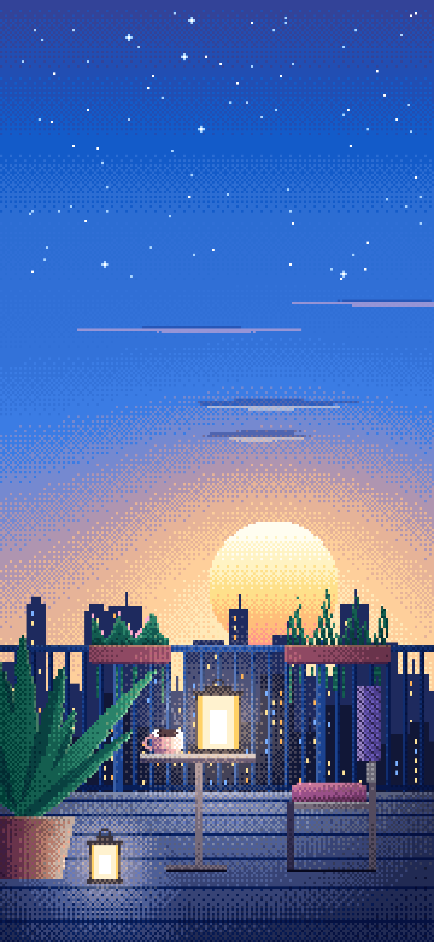 Blue Pixel Art Lofi Balcony at Dusk wallpaper for iPhone and Android