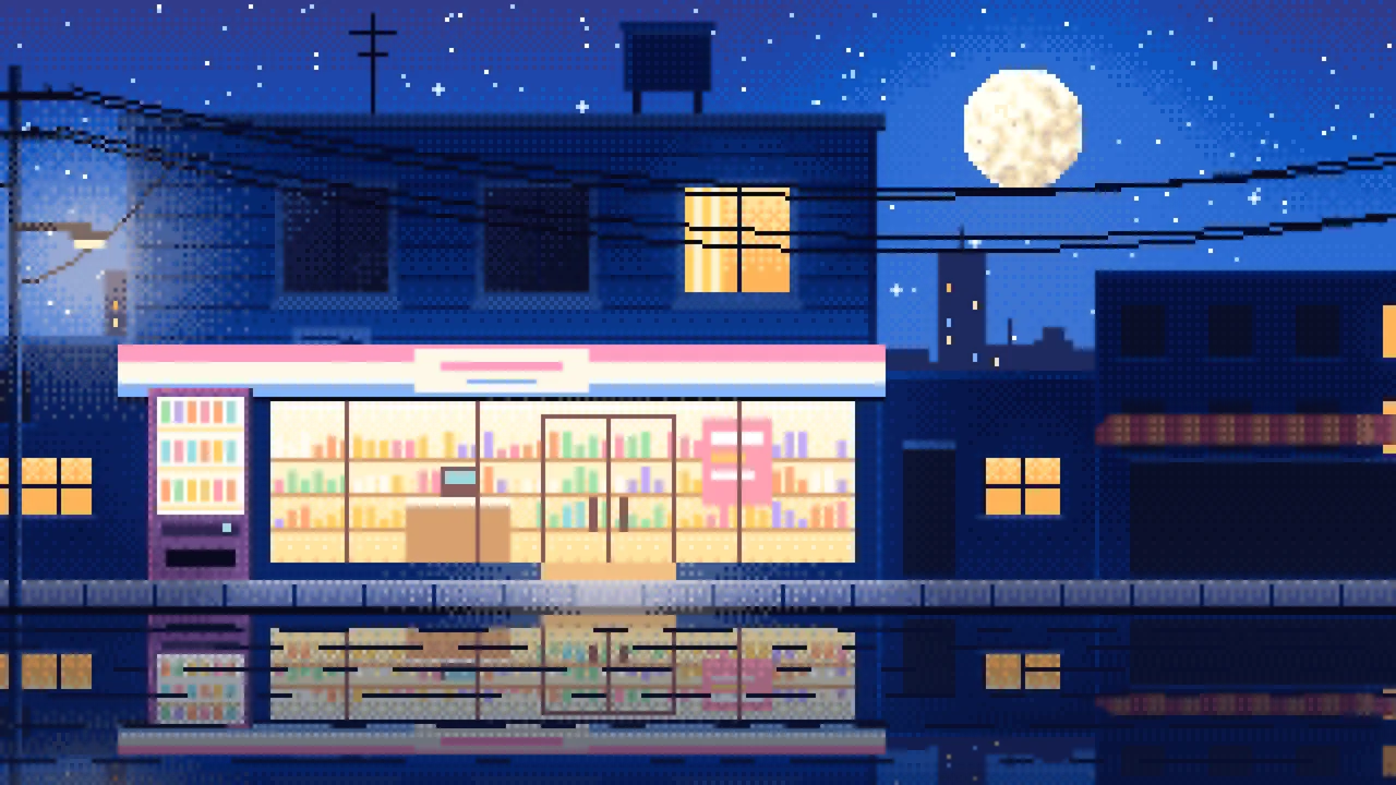 Blue Pixel Art Lofi Convenience Store at Night desktop wallpaper in 4K