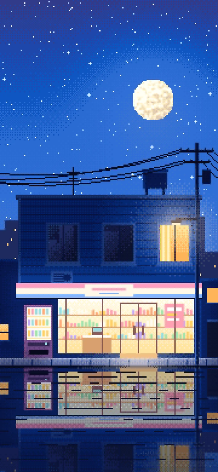 Blue Pixel Art Lofi Convenience Store at Night wallpaper for iPhone and Android