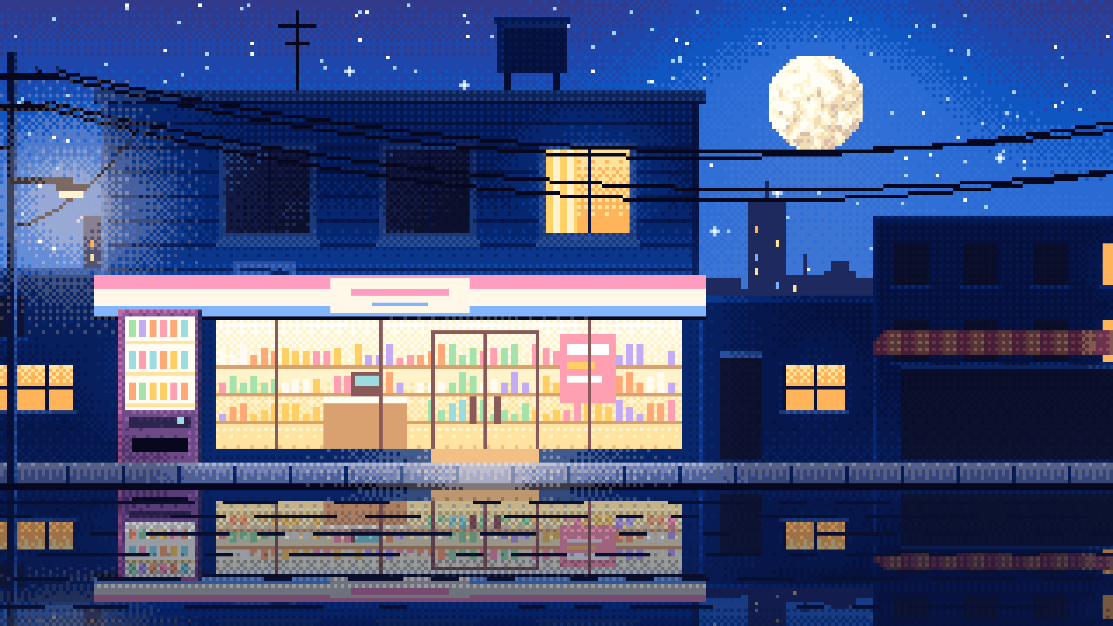 Blue Pixel Art Lofi Convenience Store at Night desktop wallpaper in 4K
