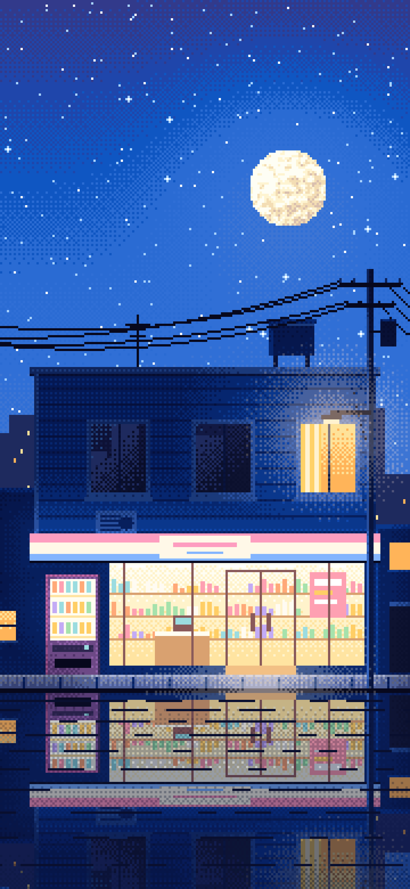 Blue Pixel Art Lofi Convenience Store at Night wallpaper for iPhone and Android