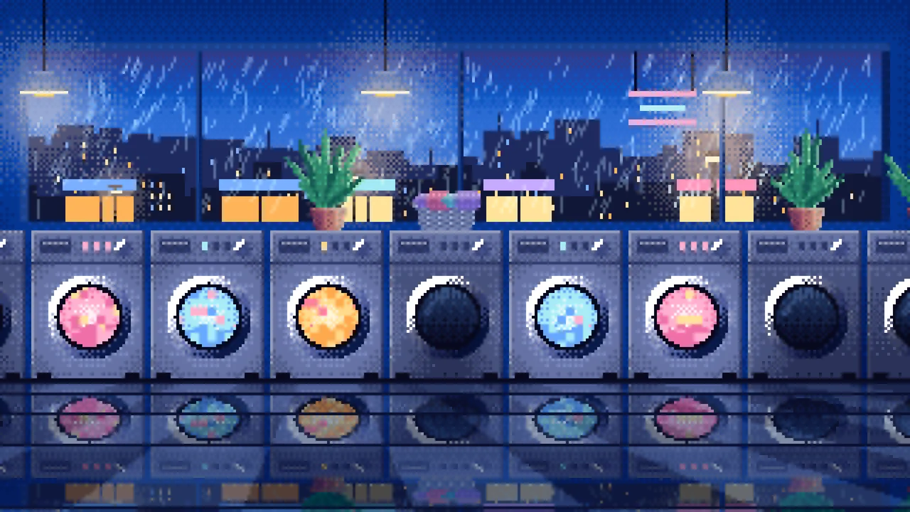 Blue Pixel Art Lofi Laundromat at Night desktop wallpaper in 4K