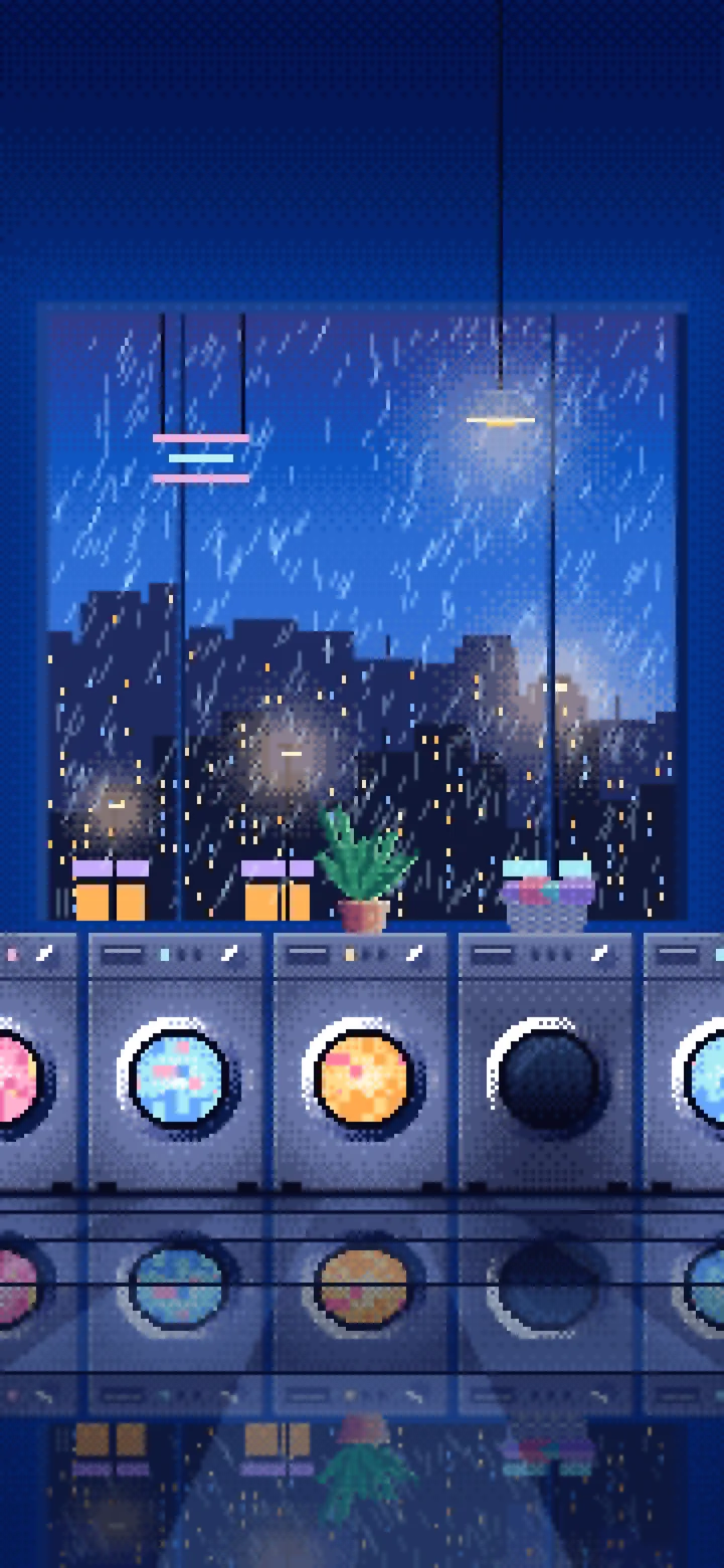Blue Pixel Art Lofi Laundromat at Night wallpaper for iPhone and Android