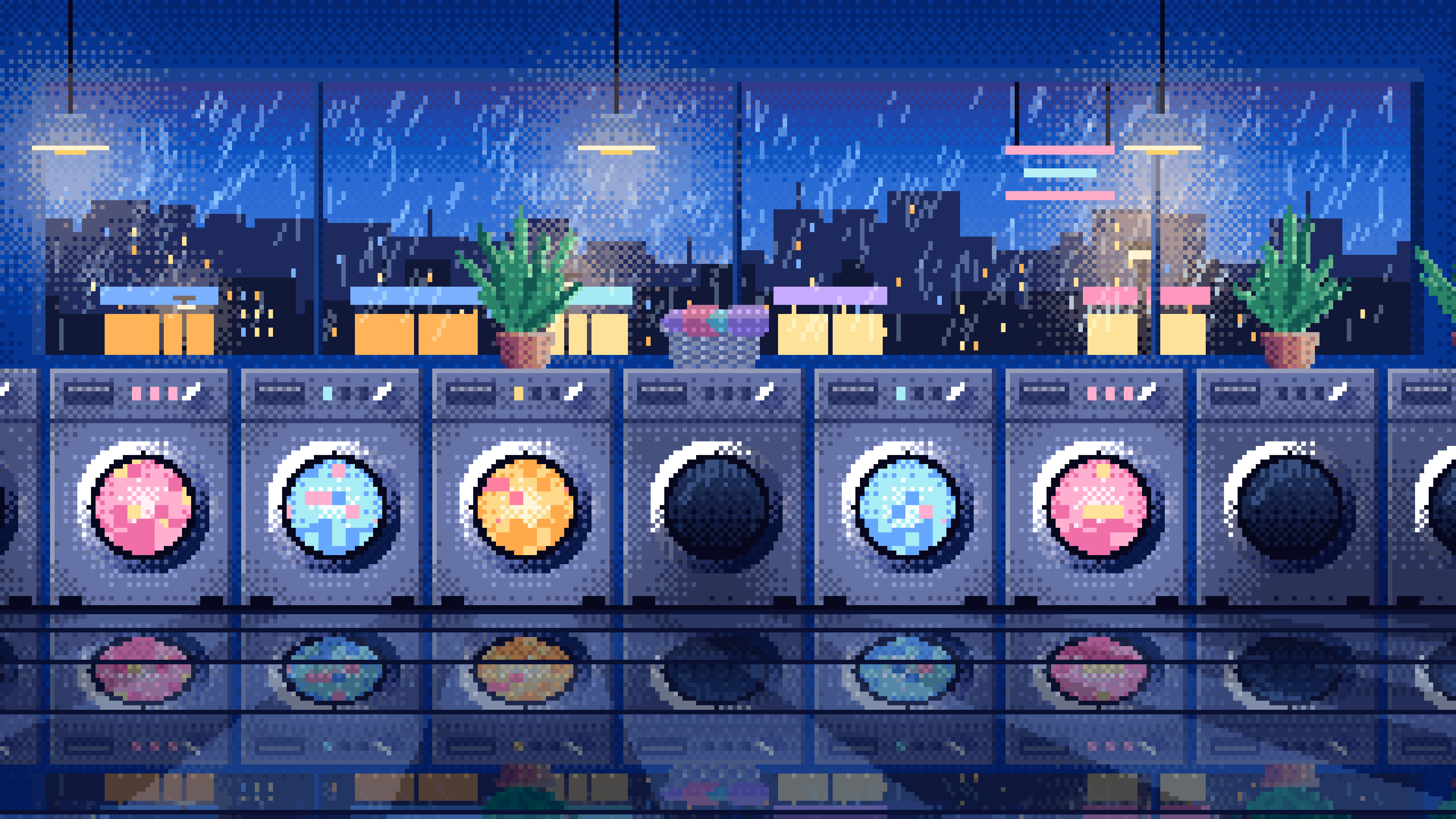 Blue Pixel Art Lofi Laundromat at Night desktop wallpaper in 4K