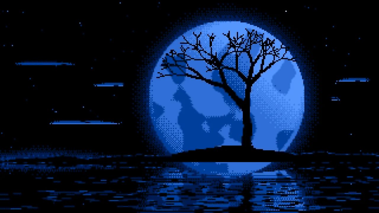 Blue Pixel Art Lone Tree and Full Moon desktop wallpaper in 4K