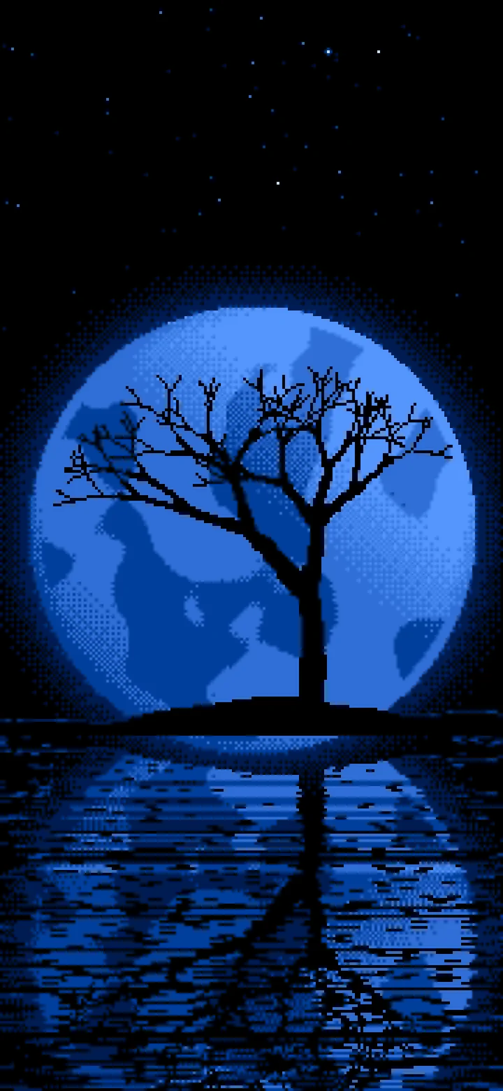 Blue Pixel Art Lone Tree and Full Moon wallpaper for iPhone and Android