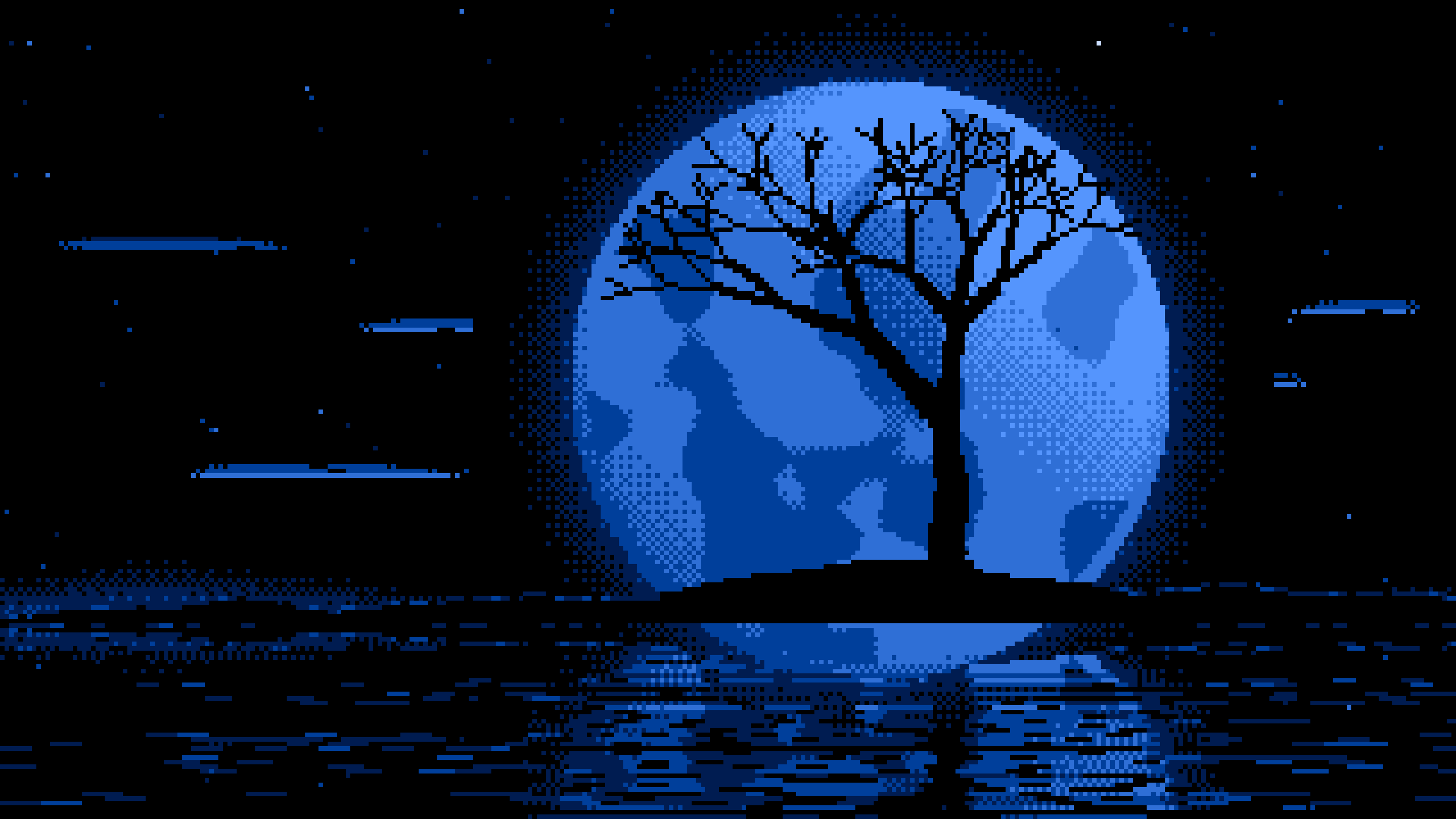 Blue Pixel Art Lone Tree and Full Moon desktop wallpaper in 4K