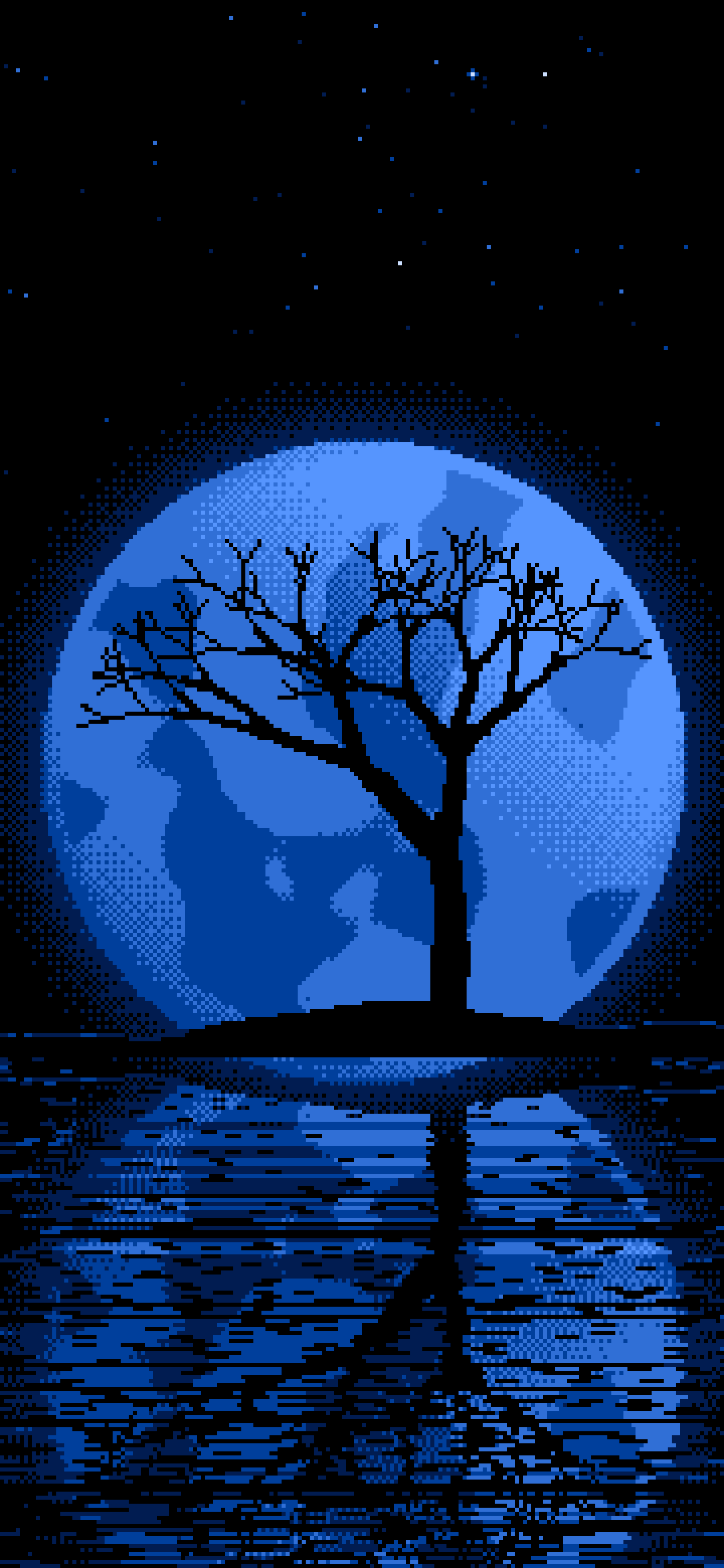 Blue Pixel Art Lone Tree and Full Moon wallpaper for iPhone and Android