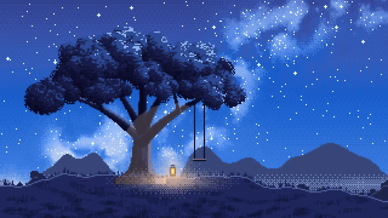 Blue Pixel Art Lone Tree Under the Stars desktop wallpaper in 4K