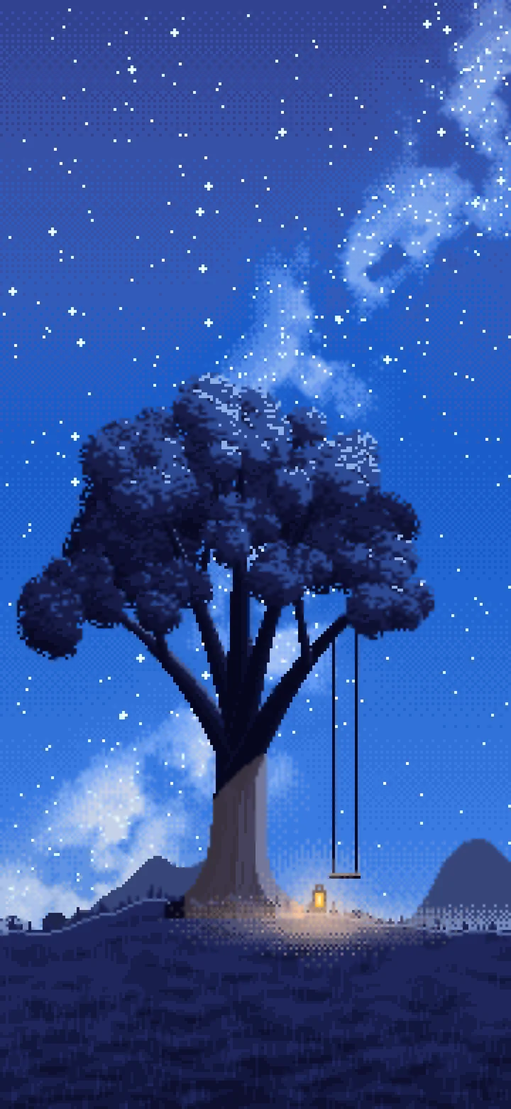 Blue Pixel Art Lone Tree Under the Stars wallpaper for iPhone and Android