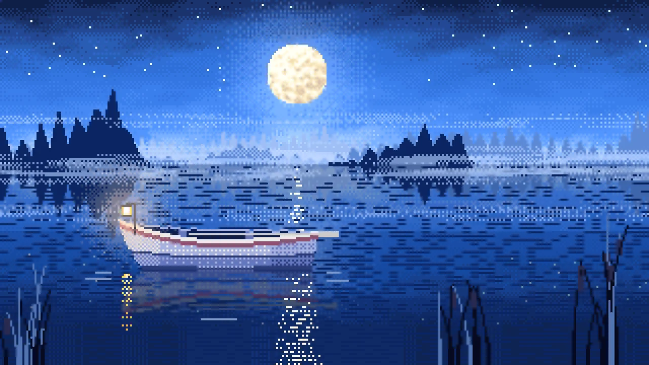 Blue Pixel Art Lonely Rowboat on a Foggy Lake desktop wallpaper in 4K