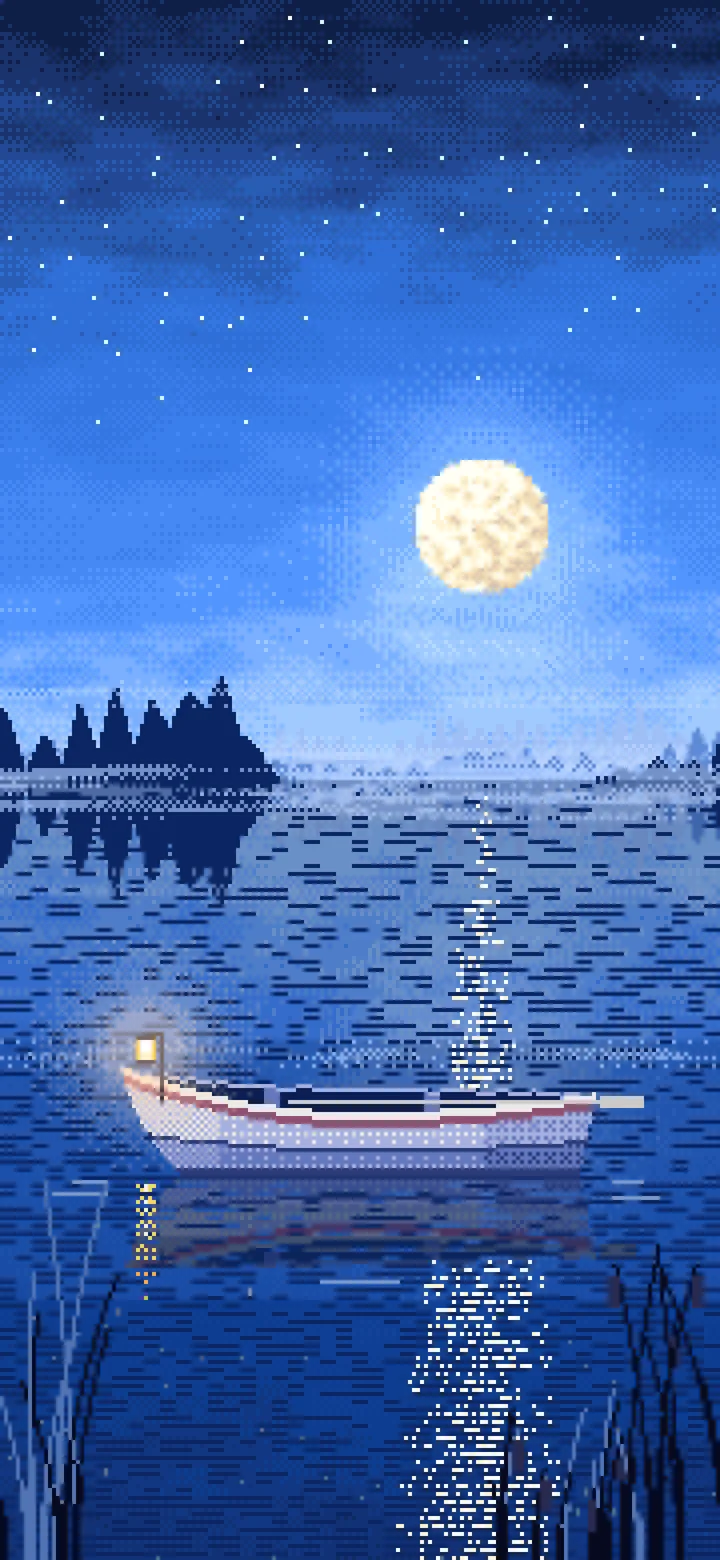 Blue Pixel Art Lonely Rowboat on a Foggy Lake wallpaper for iPhone and Android