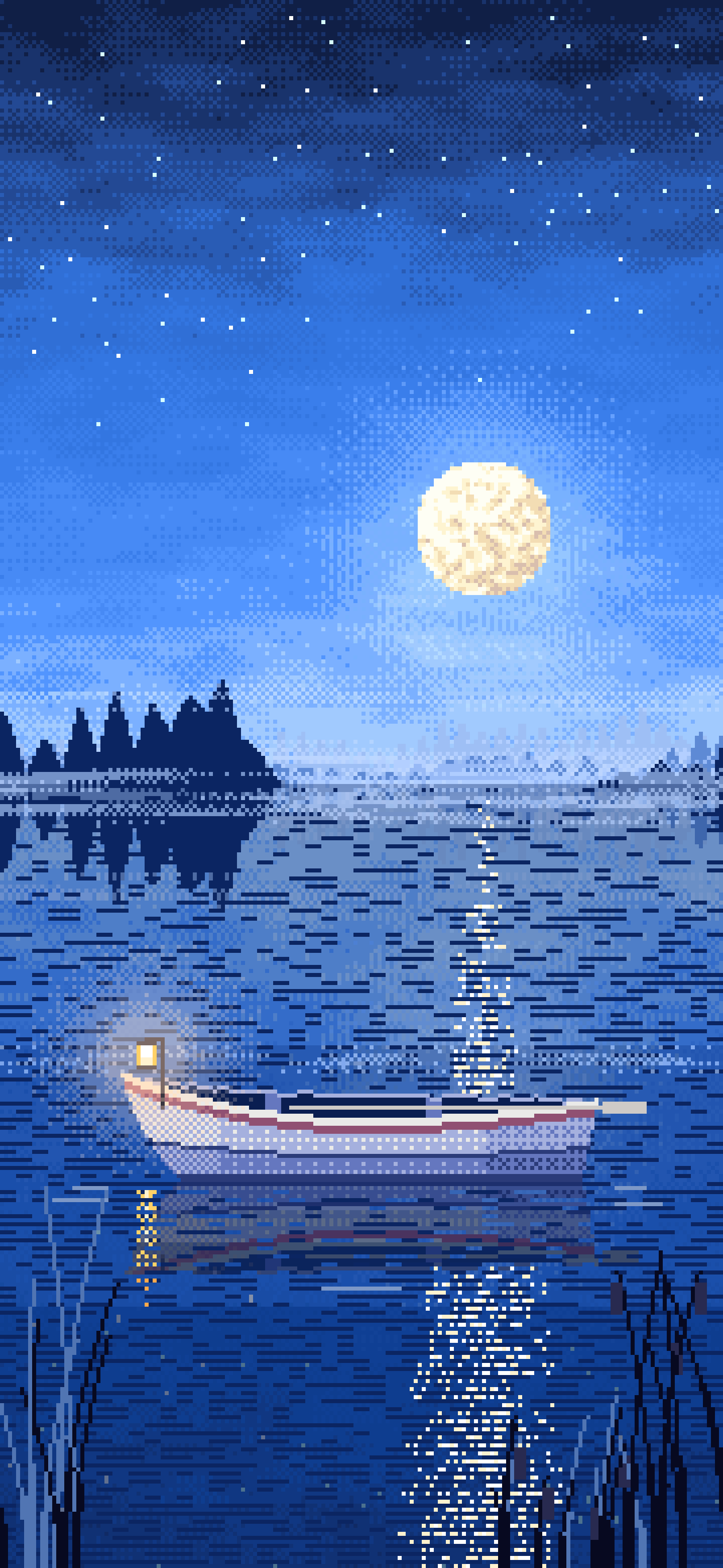 Blue Pixel Art Lonely Rowboat on a Foggy Lake wallpaper for iPhone and Android
