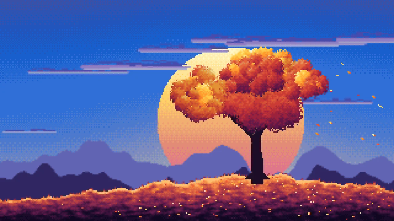 Blue Pixel Art Maple Tree at Sunset desktop wallpaper in 4K