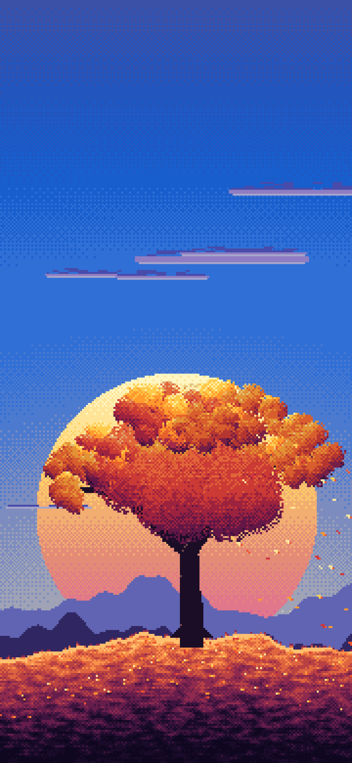 Blue Pixel Art Maple Tree at Sunset wallpaper for iPhone and Android