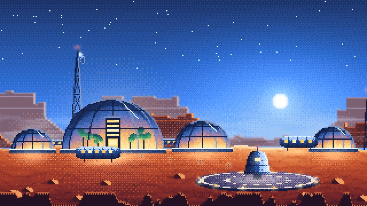 Blue Pixel Art Mars Colony at Sunset desktop wallpaper in 4K