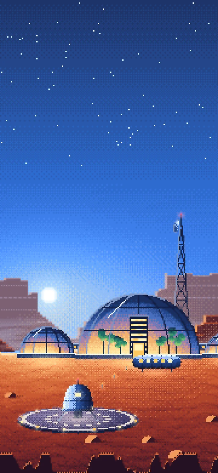 Blue Pixel Art Mars Colony at Sunset wallpaper for iPhone and Android