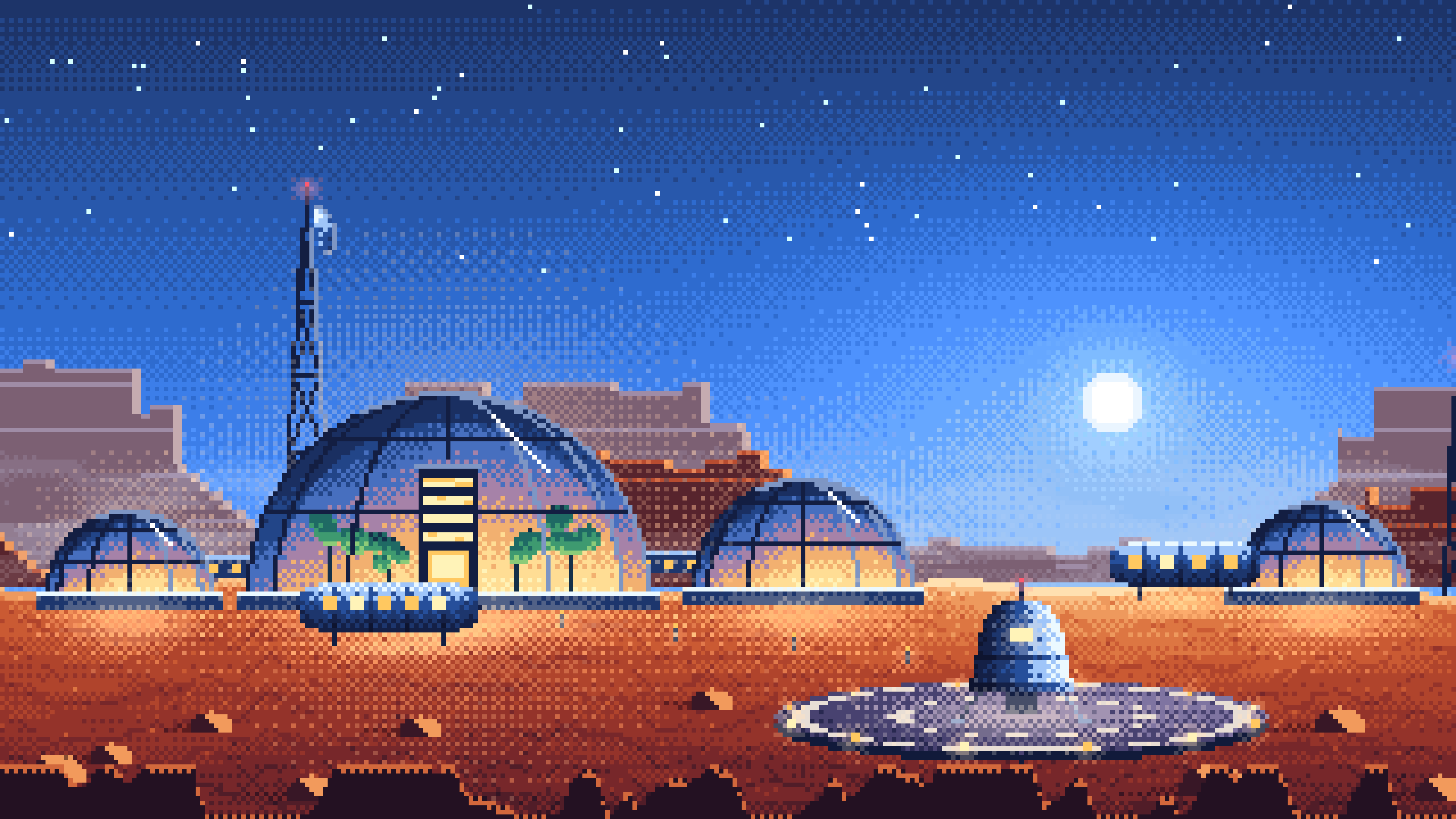 Blue Pixel Art Mars Colony at Sunset desktop wallpaper in 4K