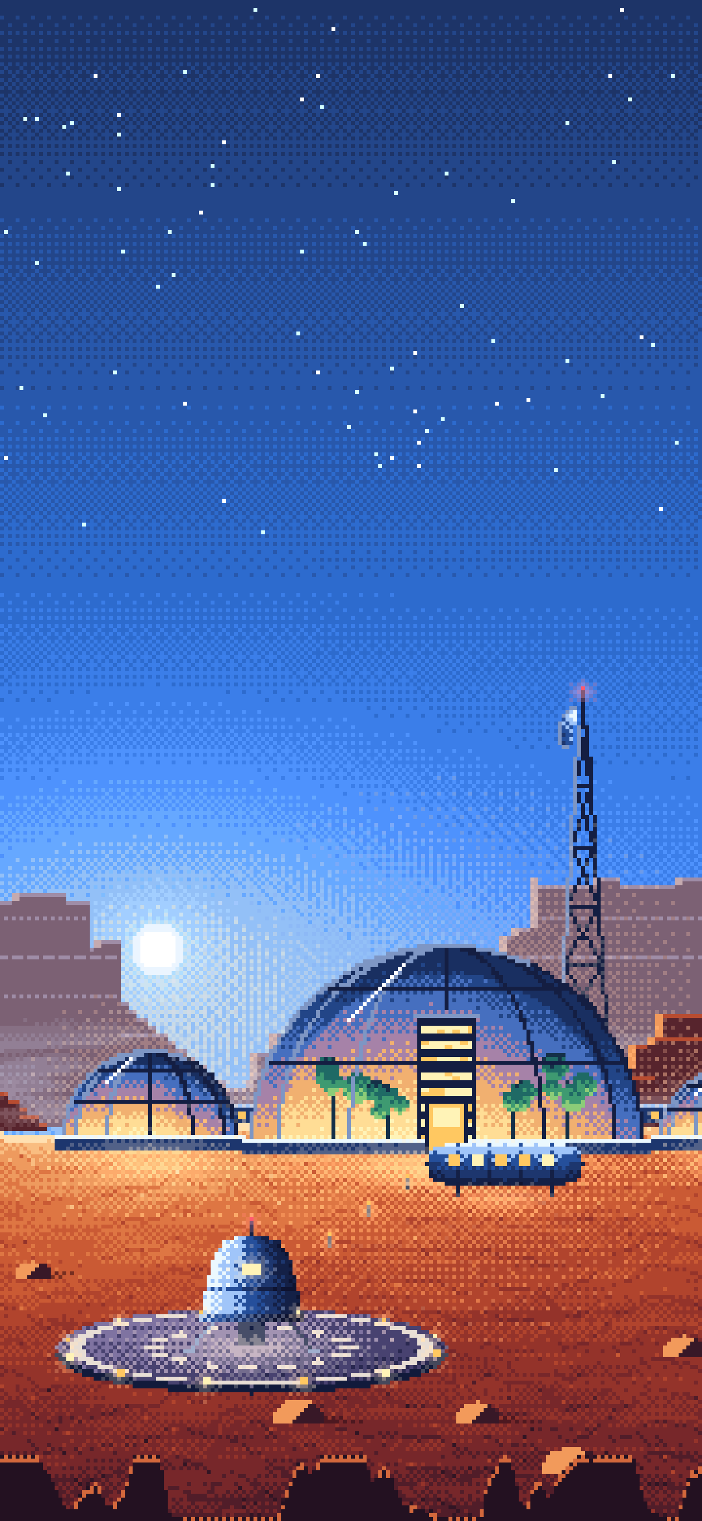 Blue Pixel Art Mars Colony at Sunset wallpaper for iPhone and Android