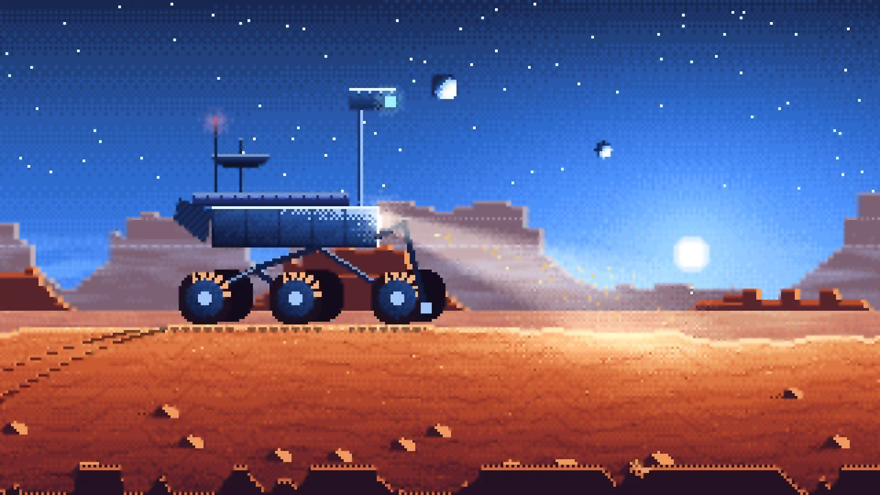 Blue Pixel Art Mars Rover at Dusk desktop wallpaper in 4K