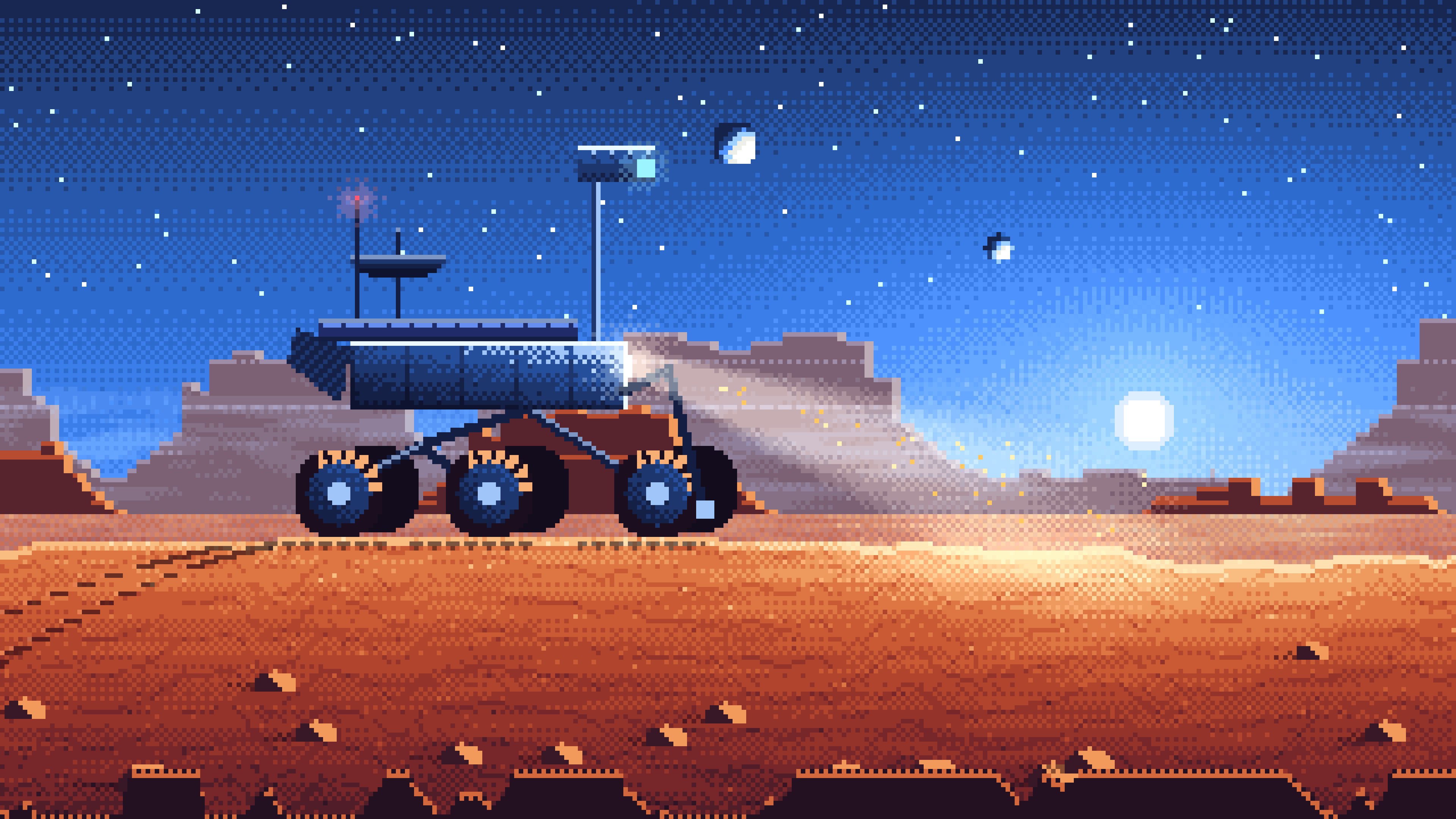 Blue Pixel Art Mars Rover at Dusk desktop wallpaper in 4K