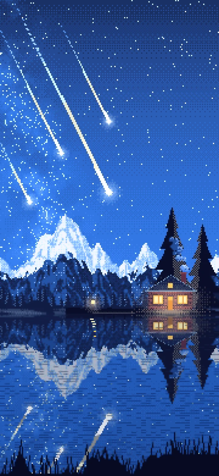 Blue Pixel Art Meteor Shower over a Lake wallpaper for iPhone and Android