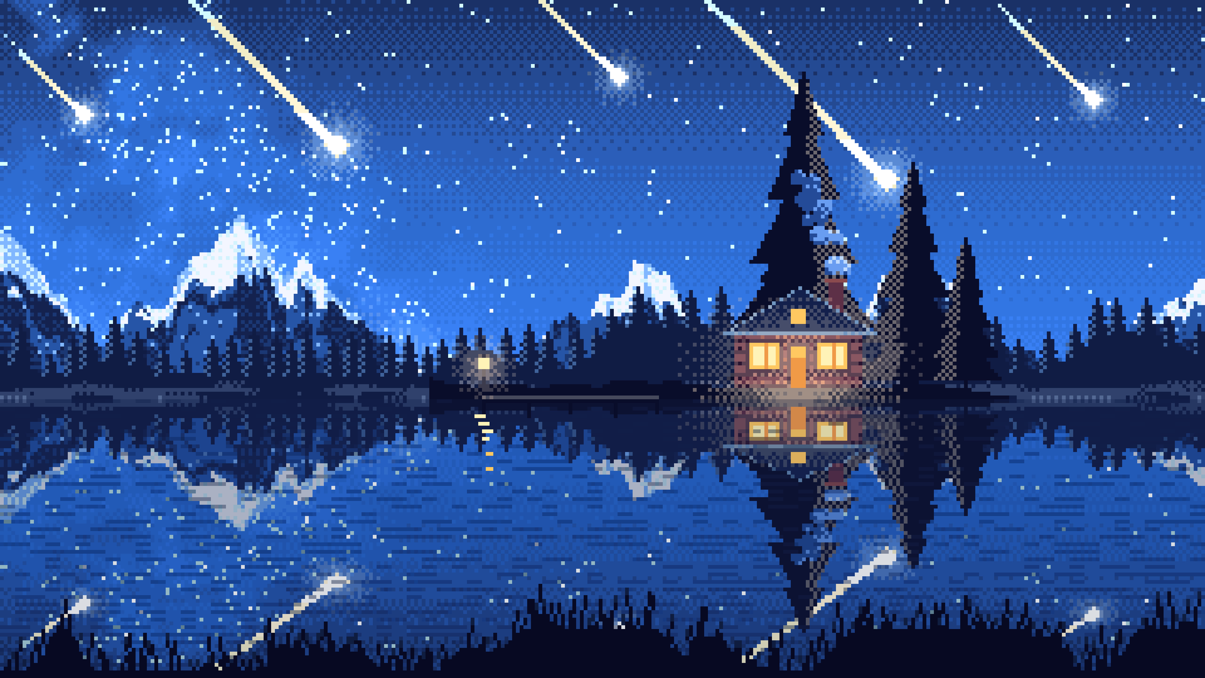 Blue Pixel Art Meteor Shower over a Lake desktop wallpaper in 4K