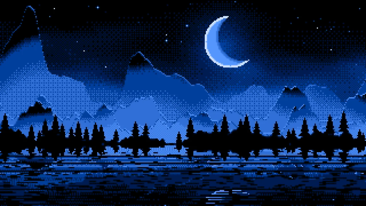 Blue Pixel Art Moonlit Mountains desktop wallpaper in 4K