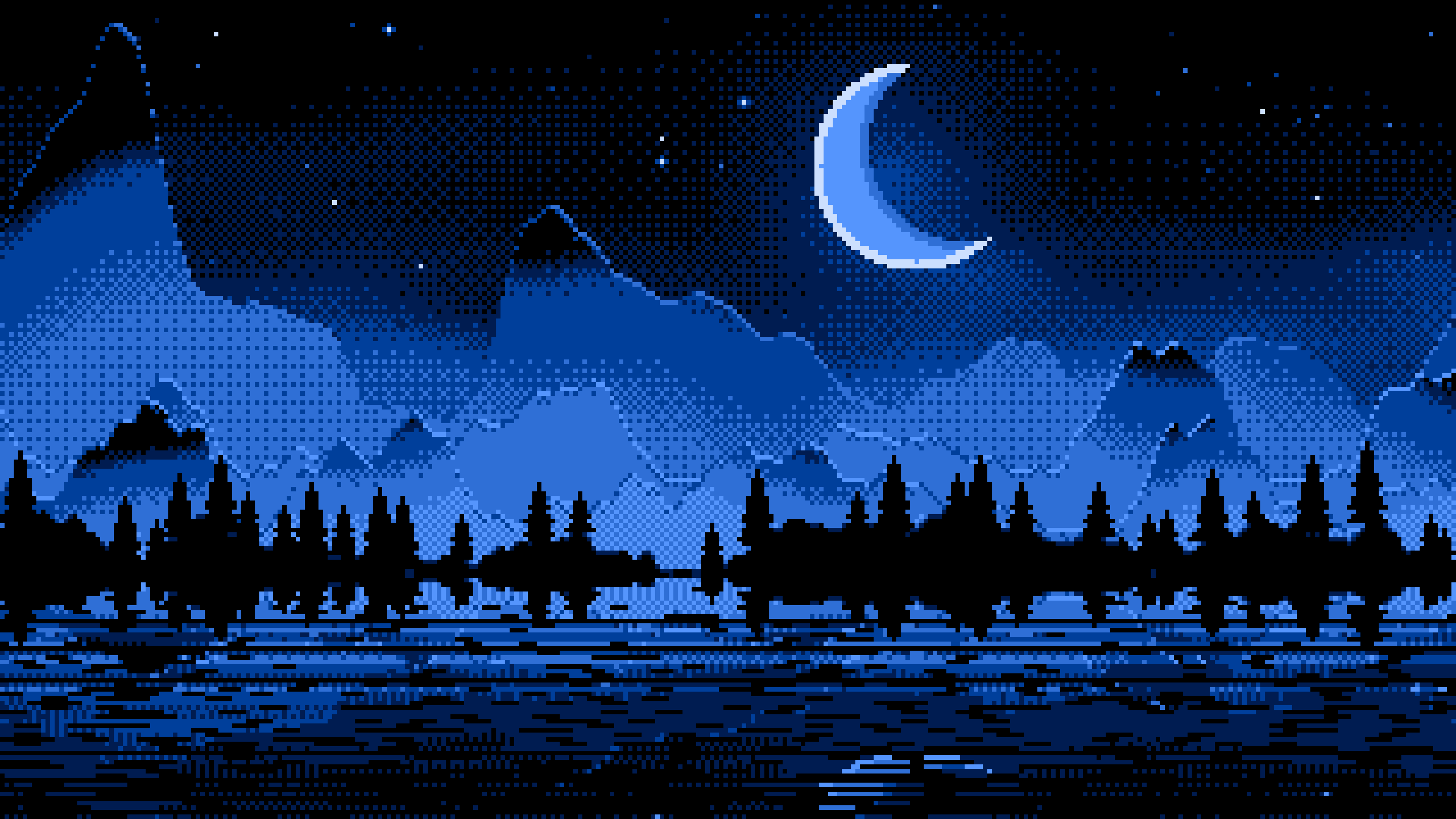 Blue Pixel Art Moonlit Mountains desktop wallpaper in 4K