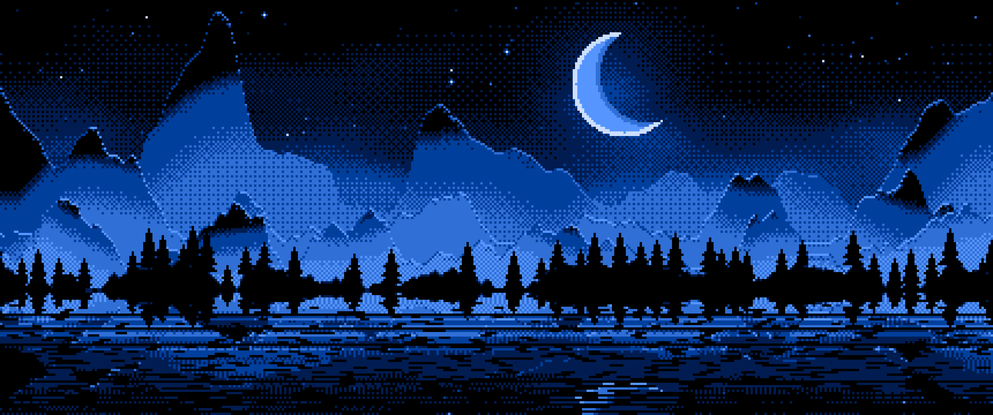 Blue Pixel Art Moonlit Mountains ultrawide wallpaper, 3440 × 1440