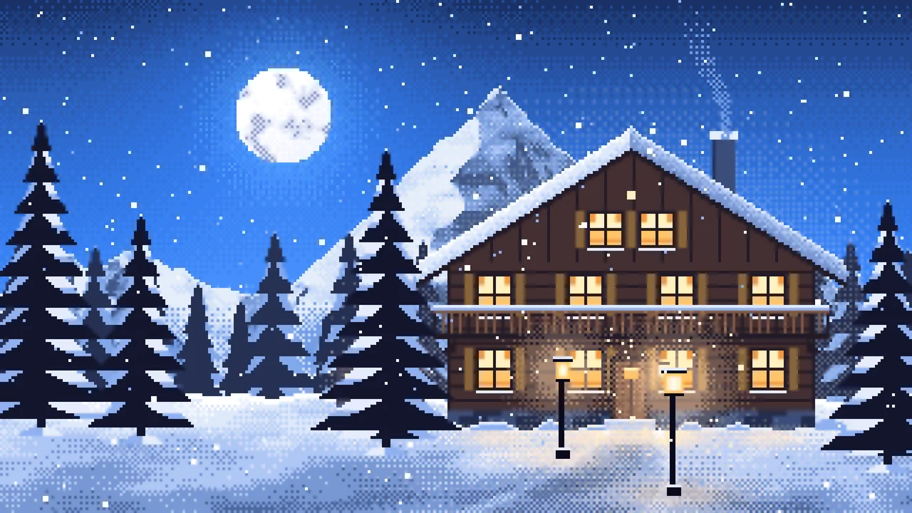 Blue Pixel Art Mountain Lodge at Night desktop wallpaper in 4K