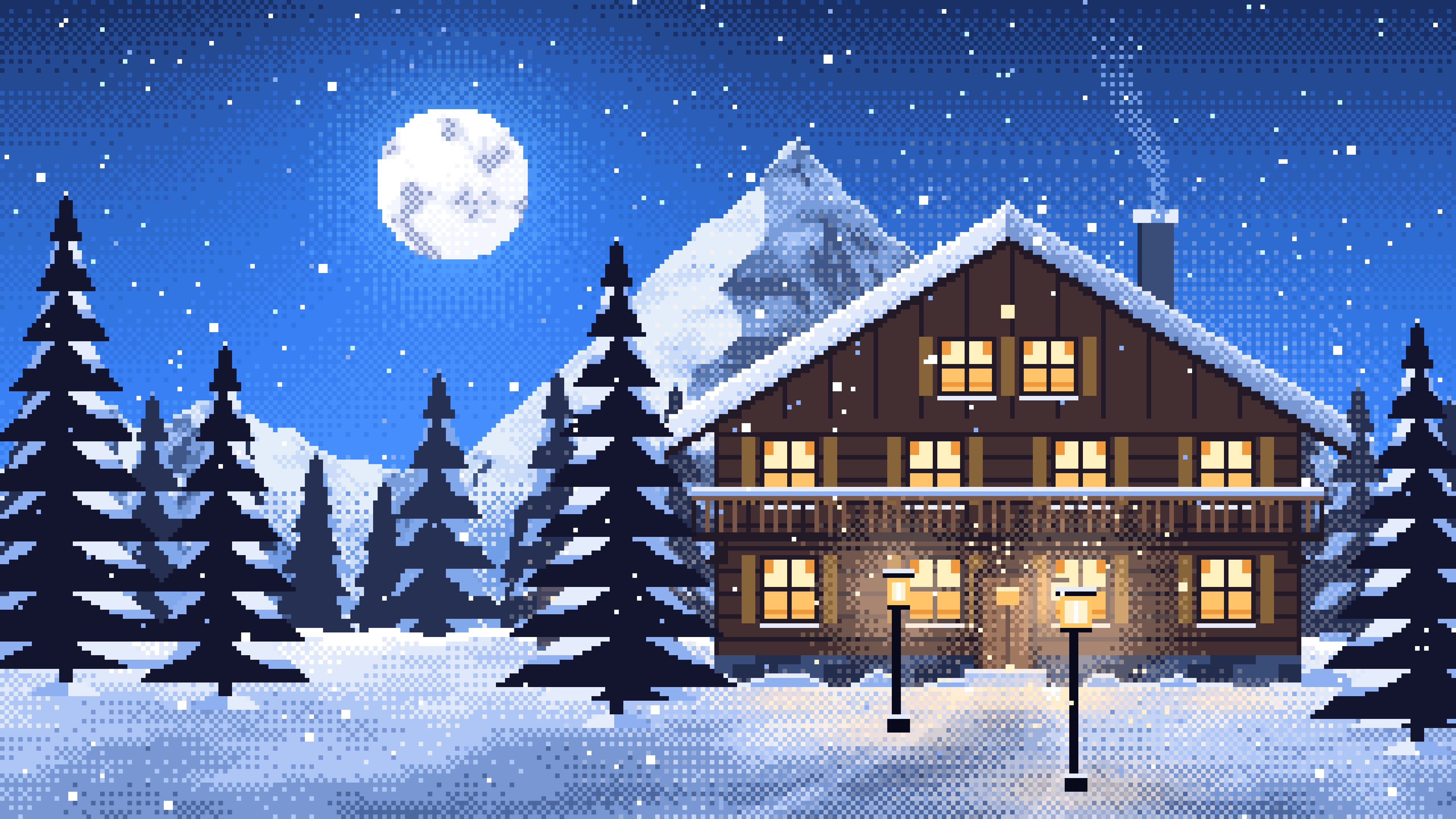 Blue Pixel Art Mountain Lodge at Night desktop wallpaper in 4K
