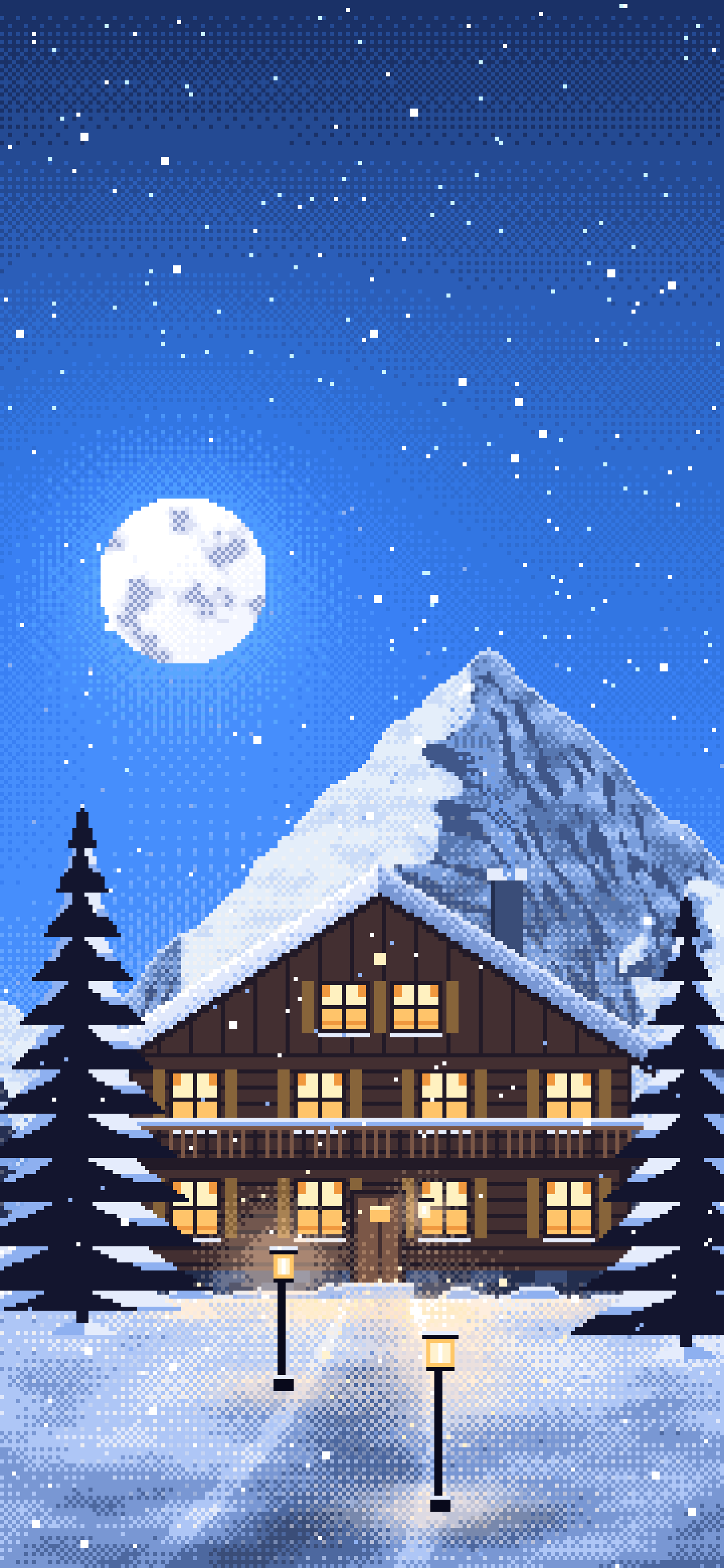 Blue Pixel Art Mountain Lodge at Night wallpaper for iPhone and Android