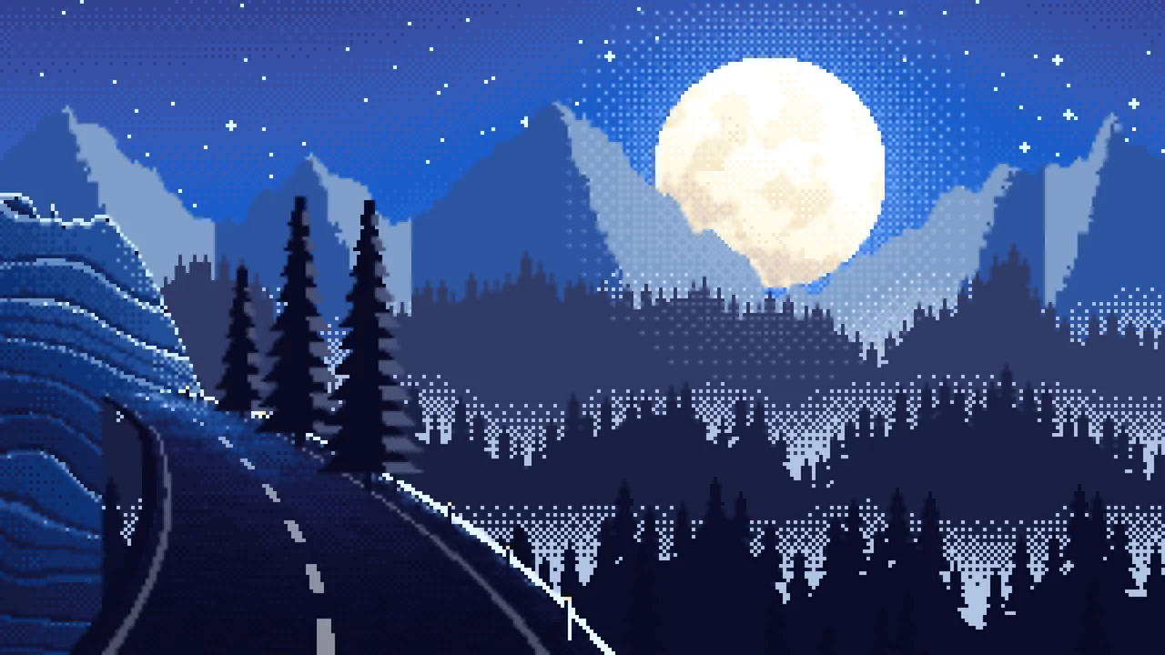 Blue Pixel Art Mountain Road Under the Moon desktop wallpaper in 4K