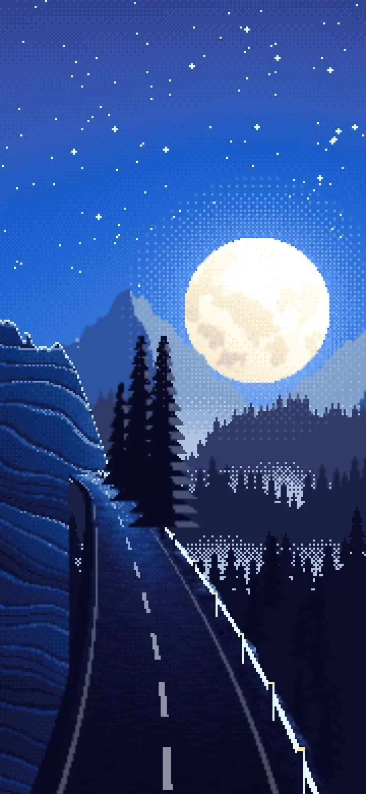 Blue Pixel Art Mountain Road Under the Moon wallpaper for iPhone and Android