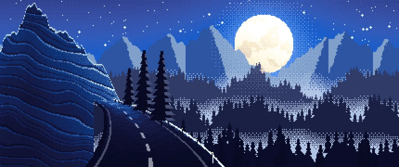 Blue Pixel Art Mountain Road Under the Moon ultrawide wallpaper, 3440 × 1440