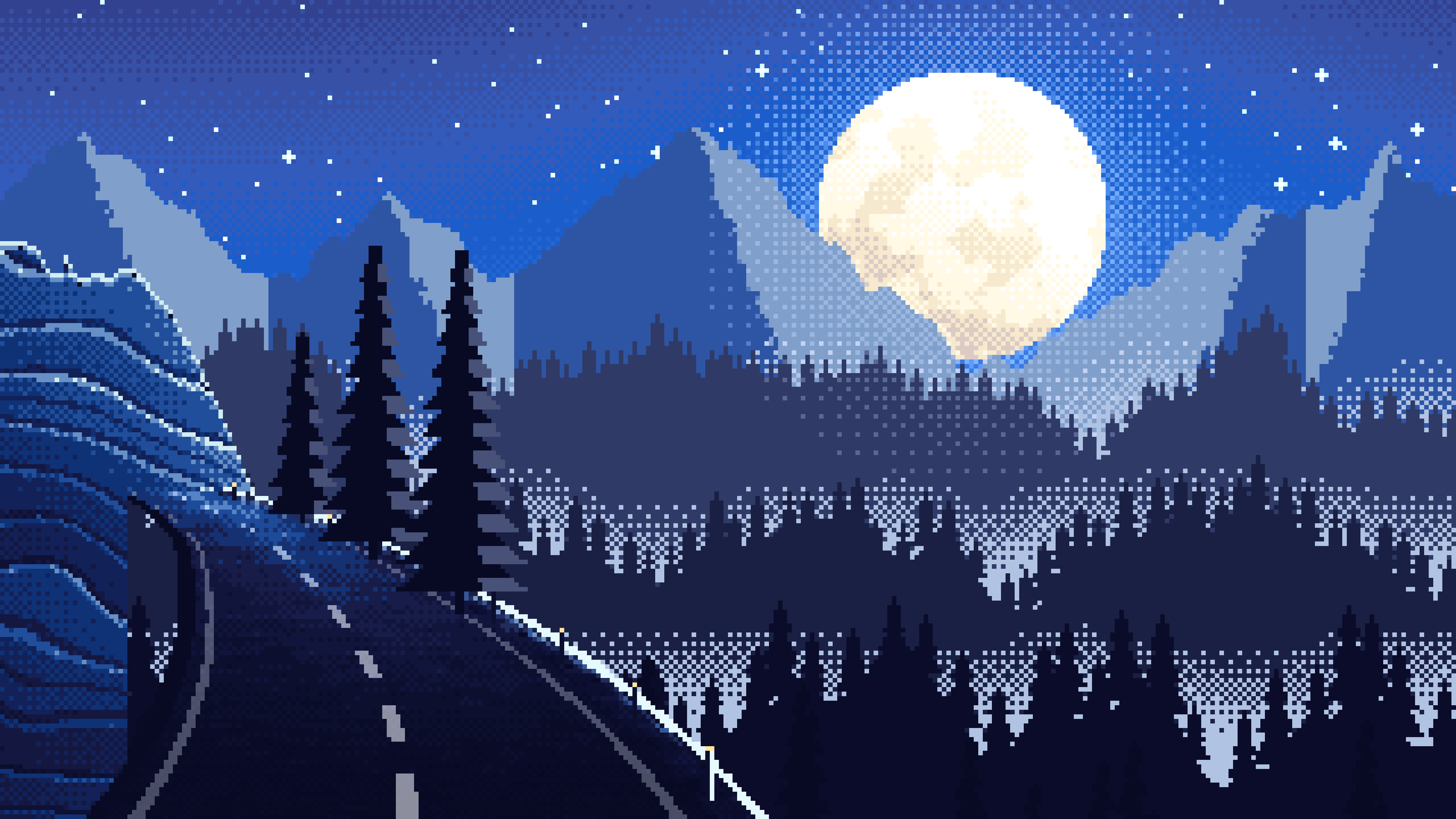 Blue Pixel Art Mountain Road Under the Moon desktop wallpaper in 4K