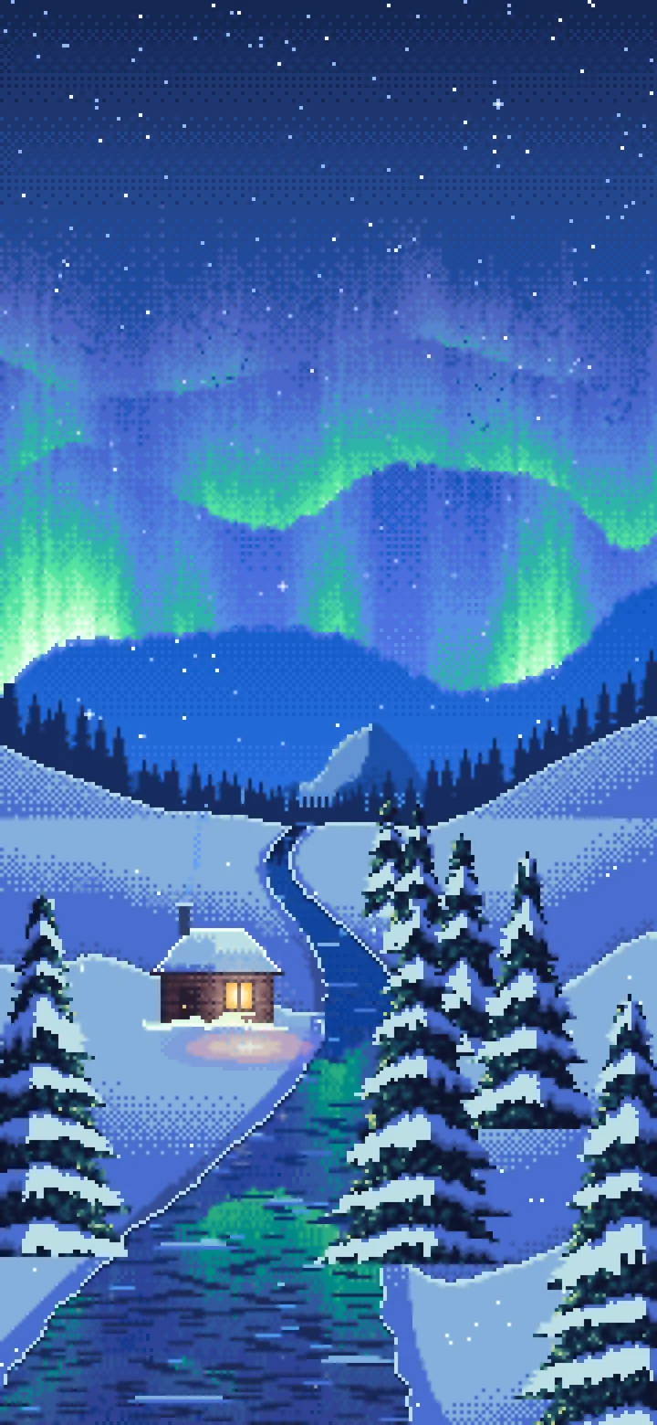Blue Pixel Art Northern Lights Over a Snowy Valley wallpaper for iPhone and Android