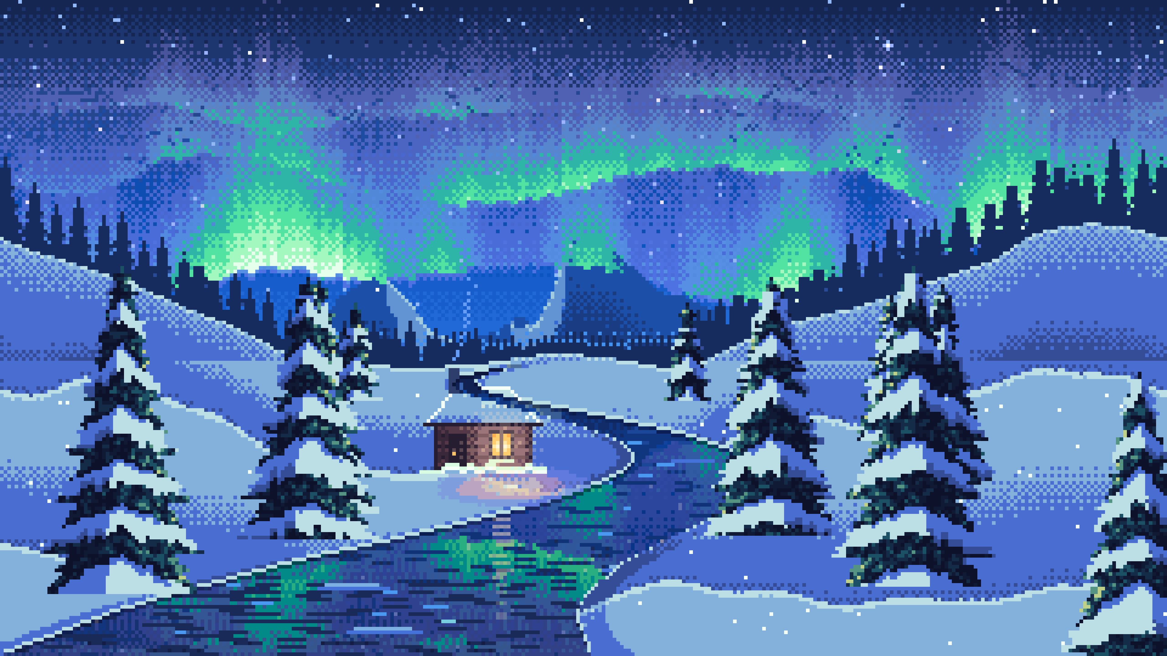 Blue Pixel Art Northern Lights Over a Snowy Valley desktop wallpaper in 4K