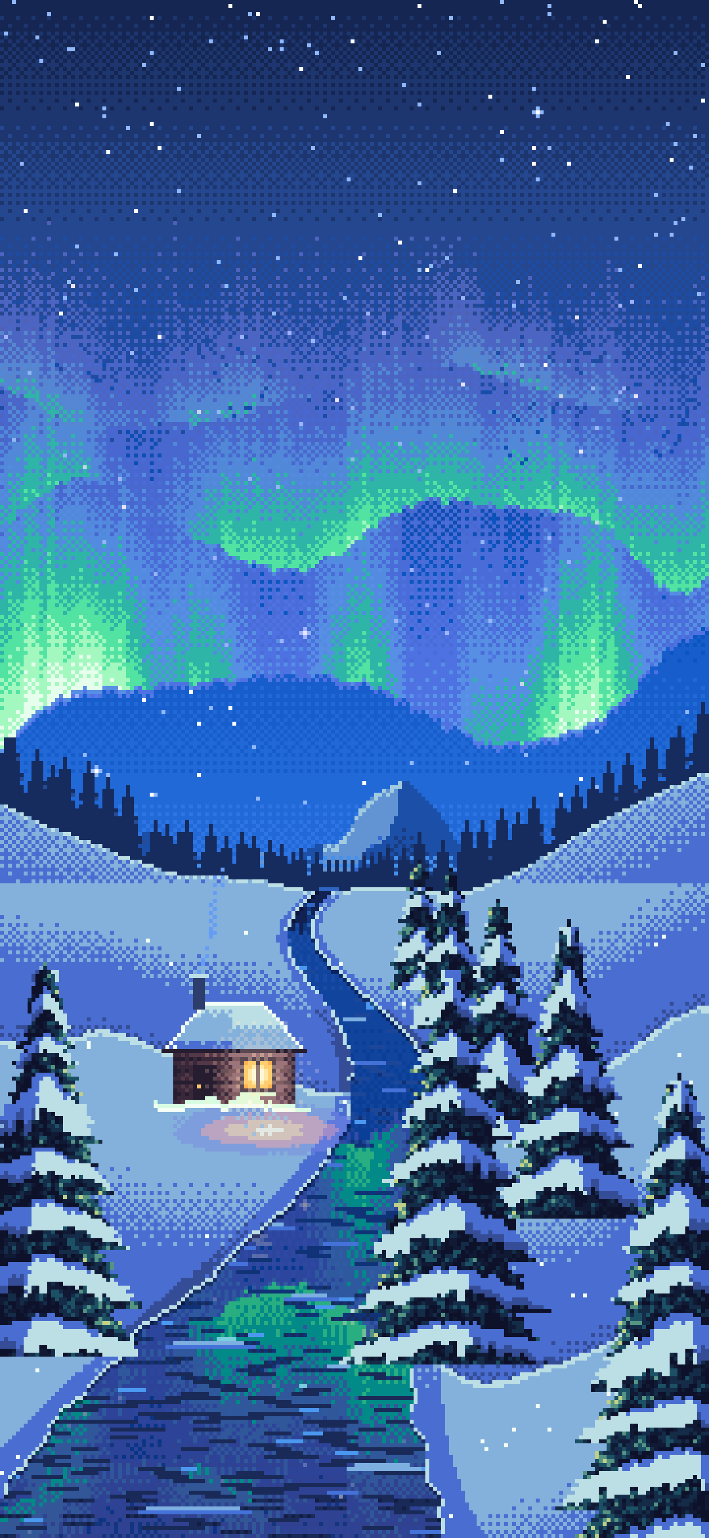 Blue Pixel Art Northern Lights Over a Snowy Valley wallpaper for iPhone and Android